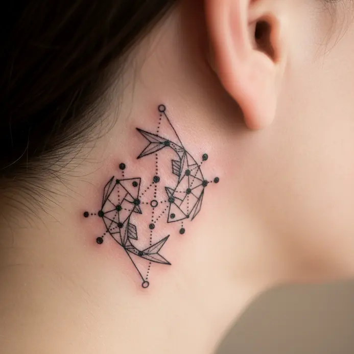 A precise geometric pattern of lines and dots forms the Pisces symbol behind an ear.