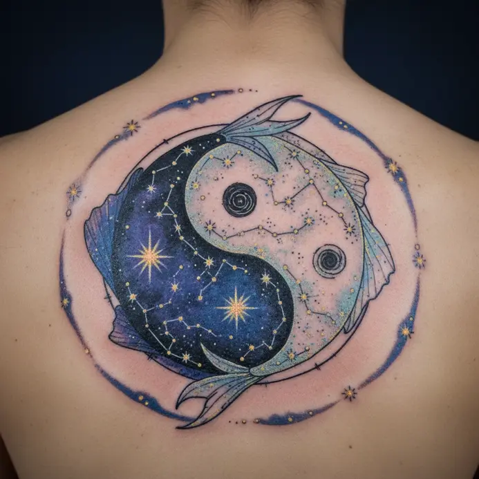 Interlocking fish shapes made of star constellations create a yin yang symbol between the shoulder blades.
