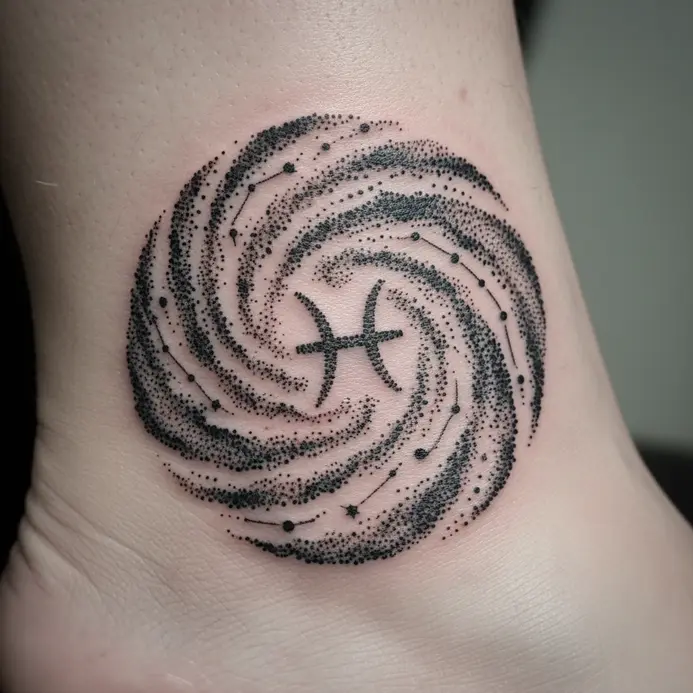 A cluster of tiny dots creates a nebula around a delicate Pisces star formation on an ankle.