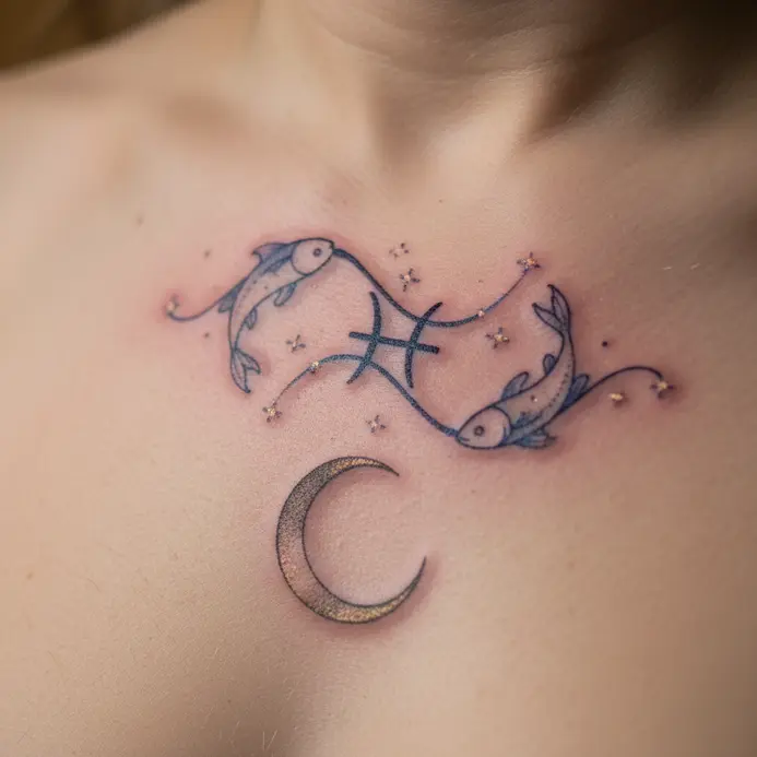 A line of stars curves from under the collarbone to a crescent moon centered on the sternum.