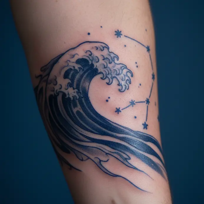 A sweeping wave rendered in shades of blue has a constellation of stars embedded within its curl on a forearm.