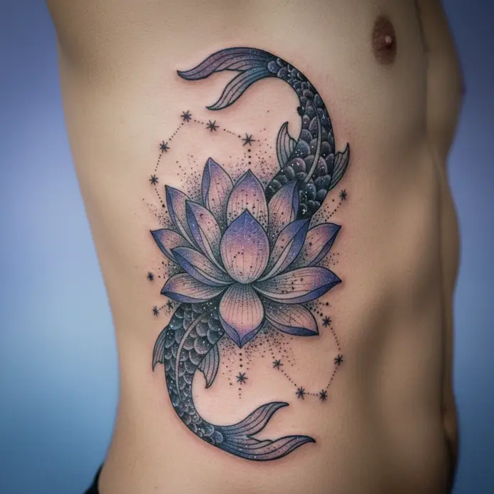 A blooming lotus flower on the ribs has a small Pisces star pattern detailed in its center.