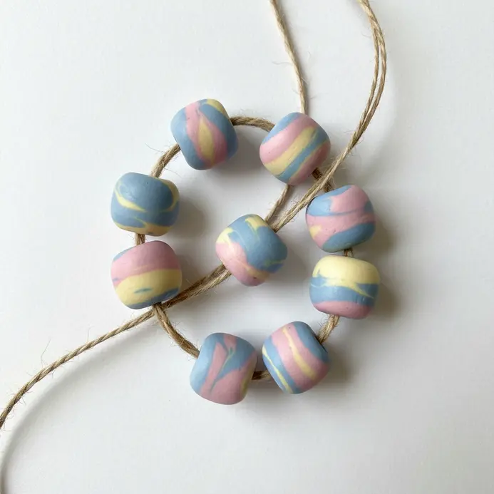 A collection of round and oval beads in soft pink, blue, and yellow with swirling marbled patterns.