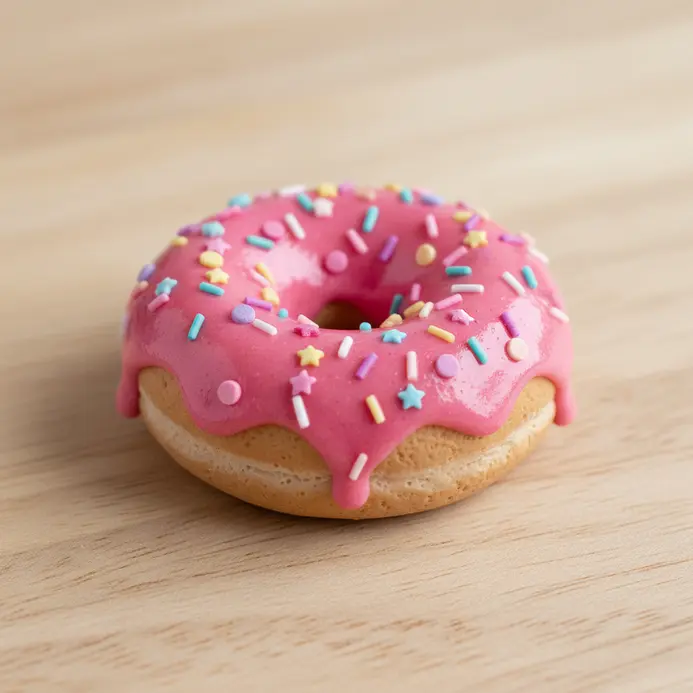 A miniature ring-shaped donut with pink icing and small, colorful clay sprinkles.