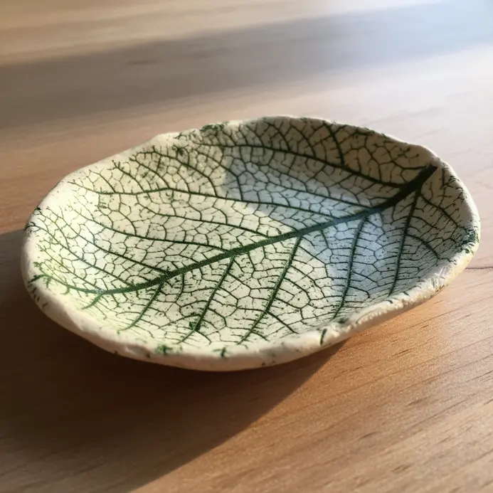 A small, oval clay dish with the detailed vein pattern of a leaf pressed into its surface.