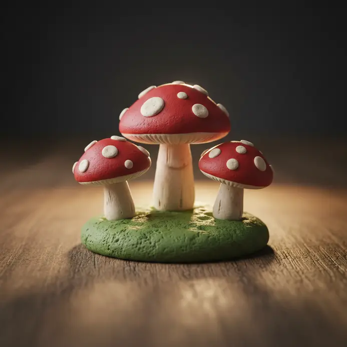 Three tiny mushrooms with white spotted red caps and simple white stems on a green clay base.