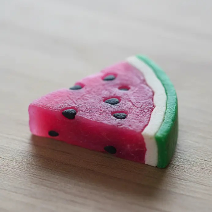 A small, triangular charm showing red fruit, a white rind, and a green outer skin with black seed dots.