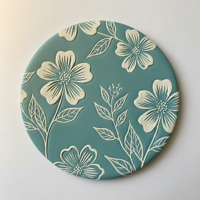 A circular clay coaster with a raised pattern of flowers and leaves pressed into its surface.
