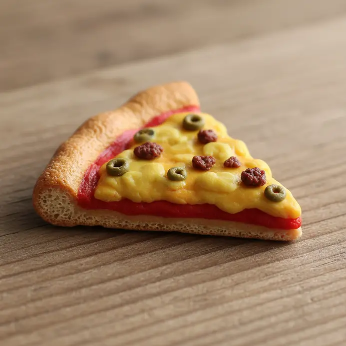 A small triangular charm with a tan crust, red sauce, white cheese, and small green pepperoni dots.