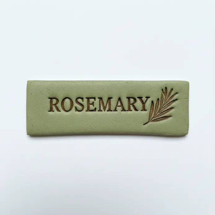 A rectangular tag of green clay with a leaf stamp and the word Basil impressed into it.