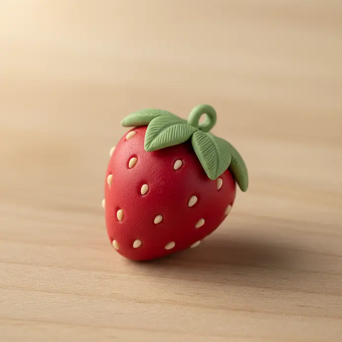 A miniature strawberry charm with a textured red body and small green leaves on top.