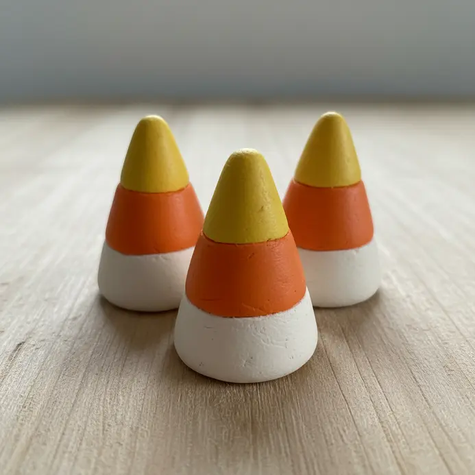 Three small cone-shaped pieces layered in white, orange, and yellow polymer clay.