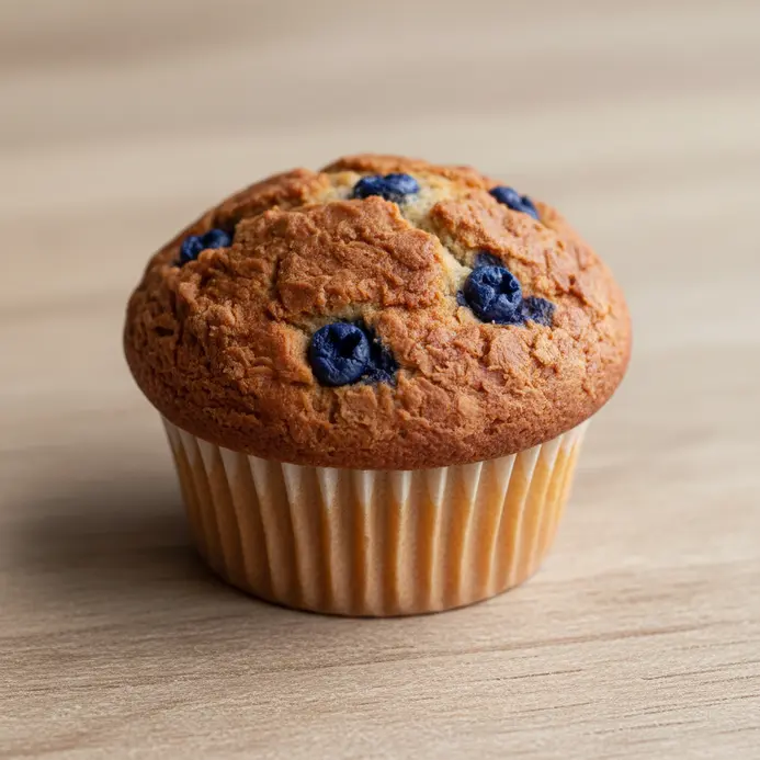 A small, textured brown muffin top with purple and blue clay dots for blueberries.