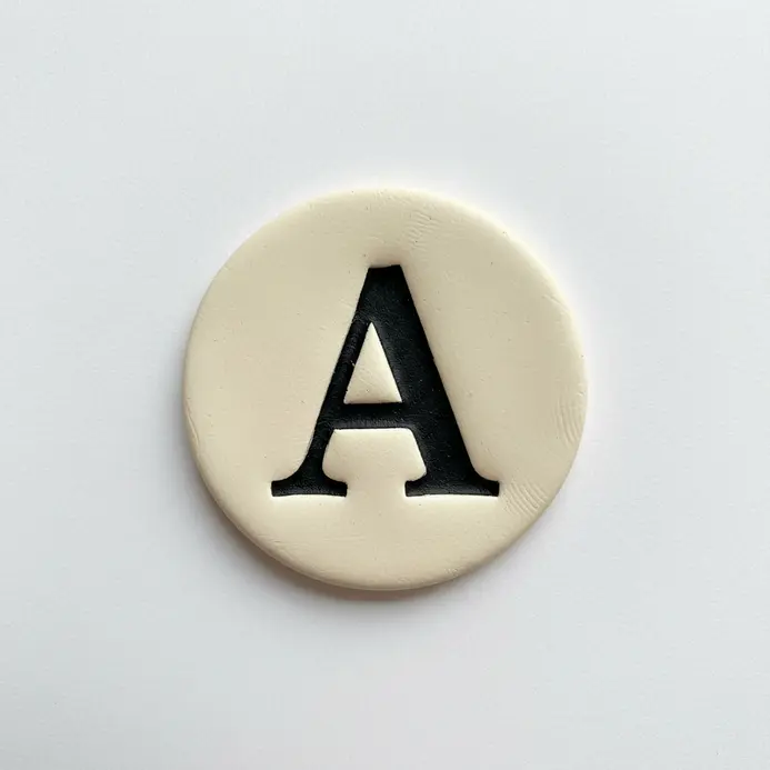 A single, flat capital letter M cut from smooth black polymer clay.