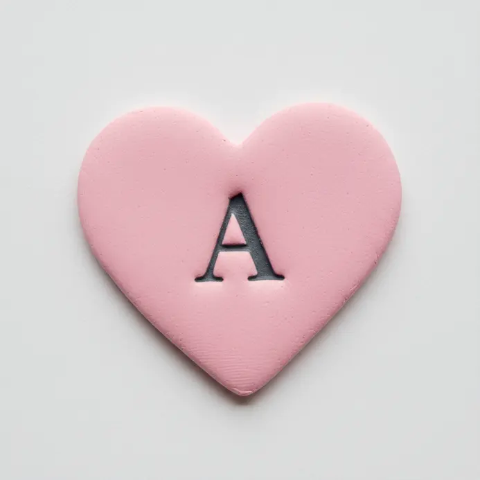 A smooth, pink heart-shaped clay tag with a stamped letter A, attached to a keyring.