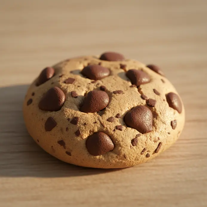 A small, round tan cookie charm with embedded brown clay chips for chocolate.