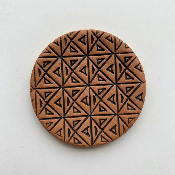 A flat, round clay disk with a geometric pattern pressed into its surface, with a magnet on back.