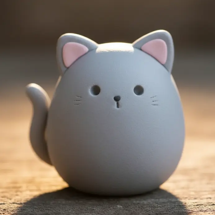 A small, stylized gray kitten figure with simple eyes and a tail, hanging from a keyring.