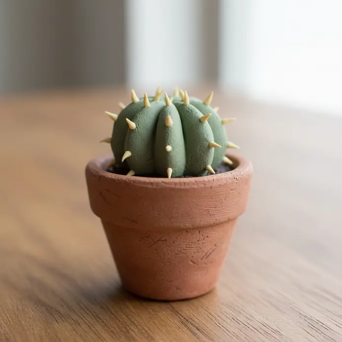 A small, textured green cactus sculpted from polymer clay, sitting in a tiny brown pot.