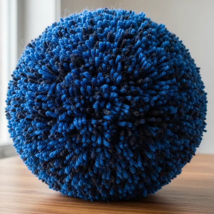A very large, dense, and fluffy yarn pompom in a solid color, perfect as a soft, safe ball for indoor play.