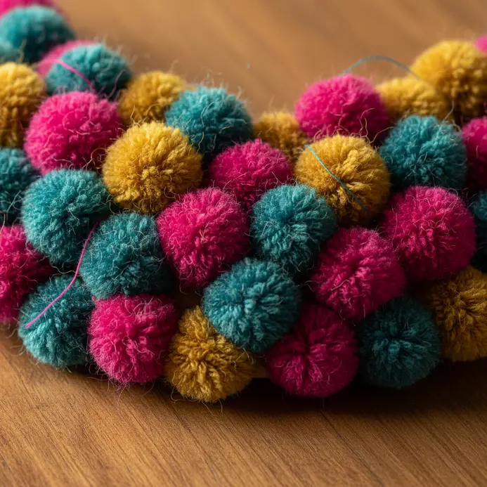 A wooden picture frame with its border completely covered in an assortment of multicolored yarn pompoms.