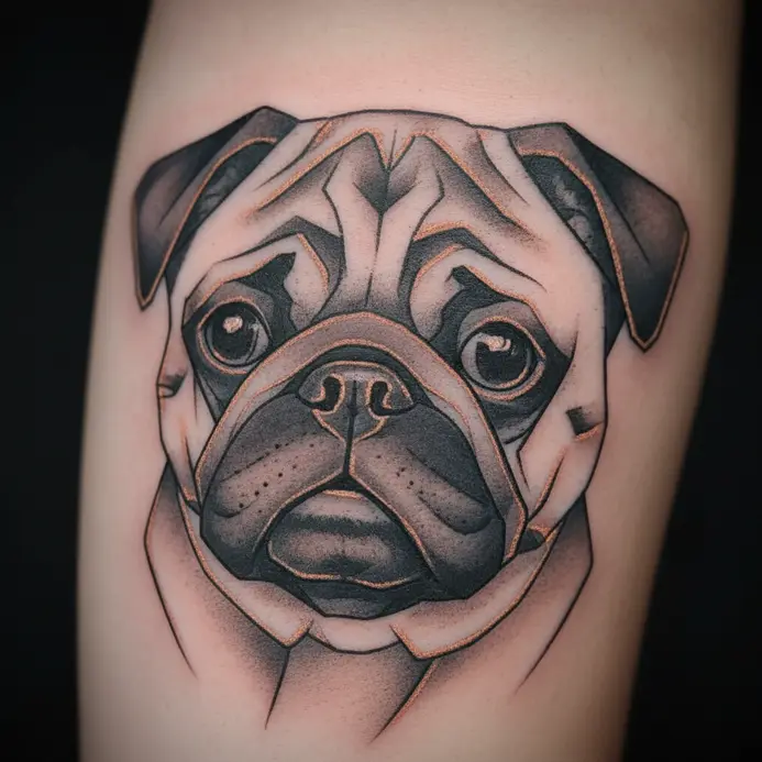 A pug's face composed of interlocking geometric shapes like triangles and hexagons.