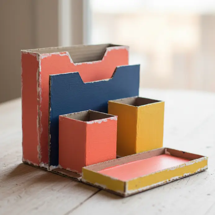 A set of colorful desk organizers made from painted and folded cereal boxes.