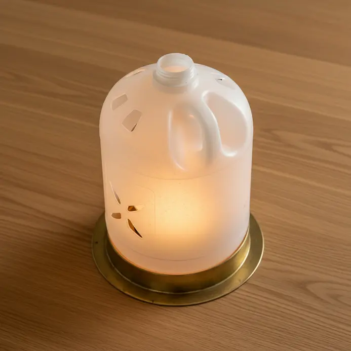 A soft-glowing lantern shade created by cutting patterns into a clean, opaque plastic milk jug.