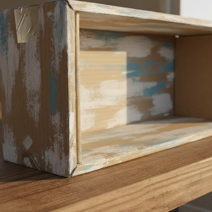 A lightweight wall shelf constructed by reinforcing and painting an old cardboard shipping box.