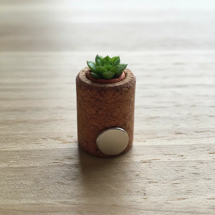 A tiny faux succulent planted into a hollowed-out wine cork with a magnet glued to the back.
