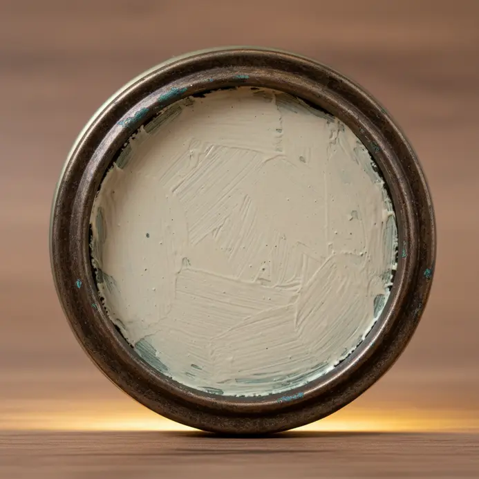 A miniature picture frame made by placing a photo inside a painted metal lid from a jar.