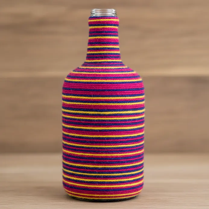 A smooth vase made by tightly wrapping yarn around a clean glass bottle from top to bottom.