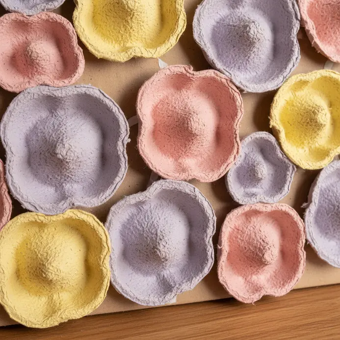 A colorful wall art piece featuring three-dimensional flowers cut and shaped from cardboard egg cartons.