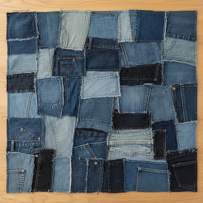 A geometric wall hanging created by sewing together patches of different shades of denim fabric.