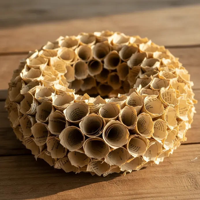 A decorative wreath for a wall or door, constructed by folding and gluing pages from a vintage book.