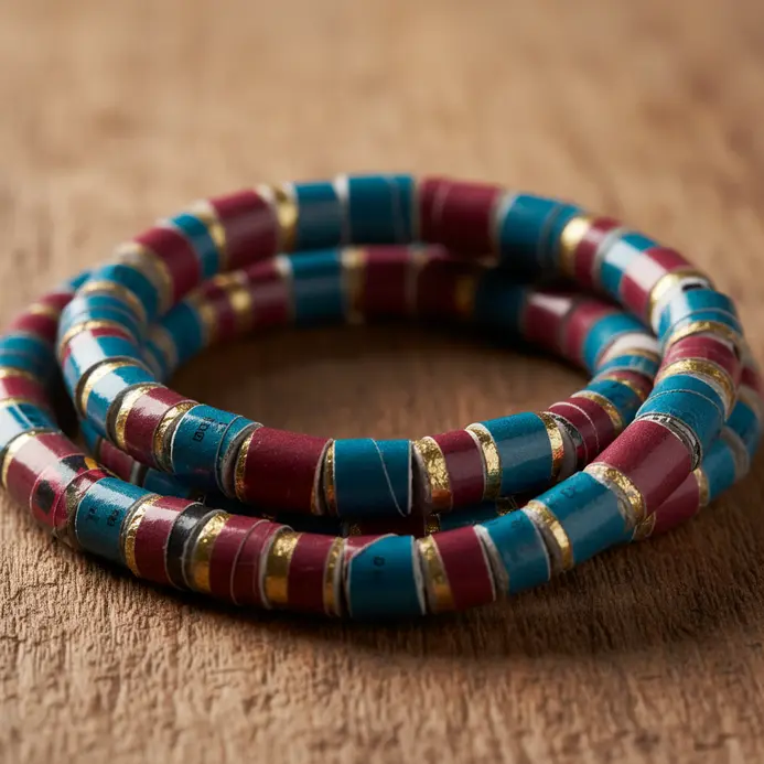 Close-up of a beaded necklace featuring colorful, glossy beads rolled from magazine pages.