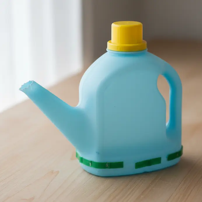 A small watering can for plants made by cutting and adding a spout to an empty plastic laundry detergent bottle.