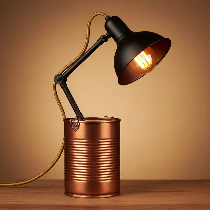 A working desk lamp with a cord and bulb, using a painted metal coffee can as its sturdy base.