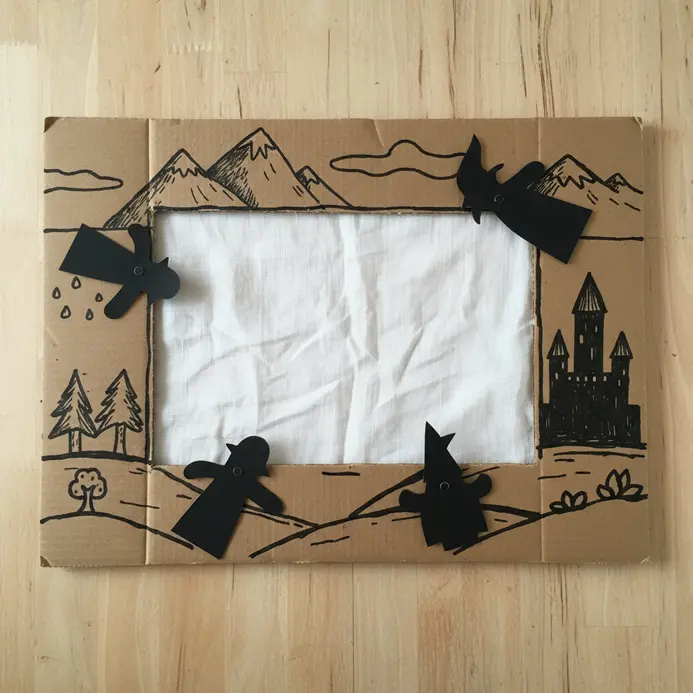 A child's puppet theater created by cutting a screen and decorating the inside of a clean, unfolded pizza box.