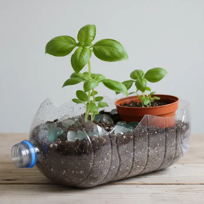 A hanging planter for herbs made from the bottom half of a clear plastic bottle.