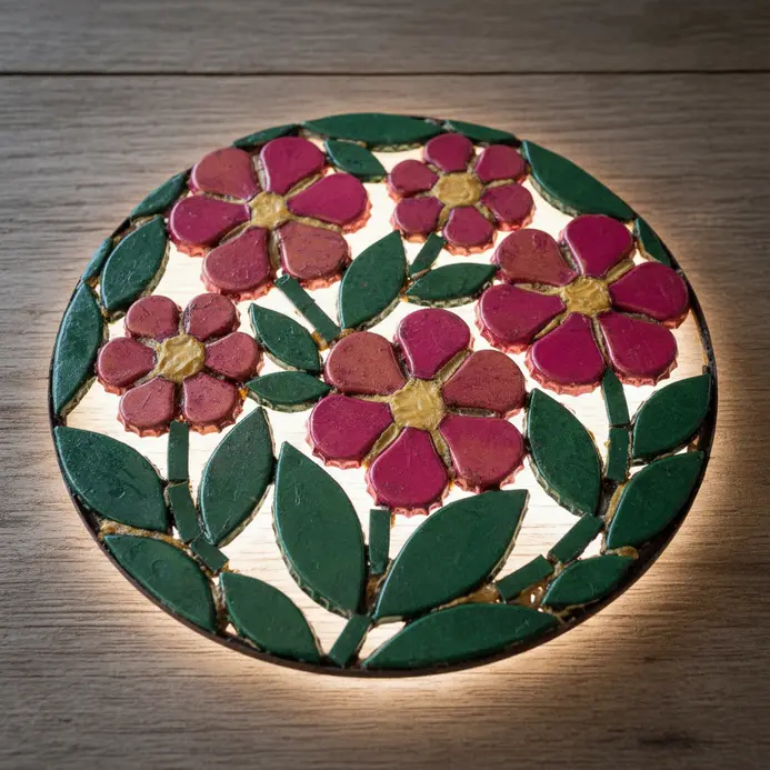 A welcome sign for the garden featuring a colorful design made from flattened bottle caps.