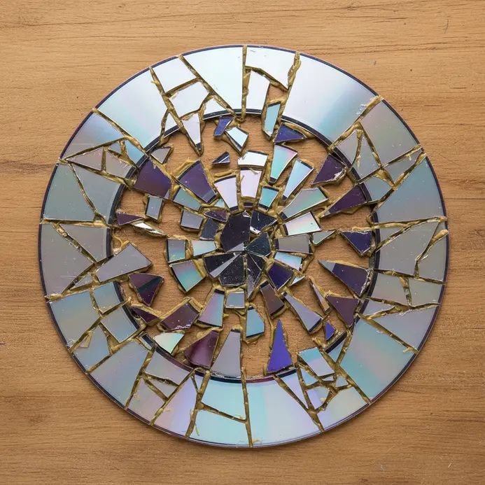 A mosaic wall art piece that catches the light, created from arranged fragments of old CDs.