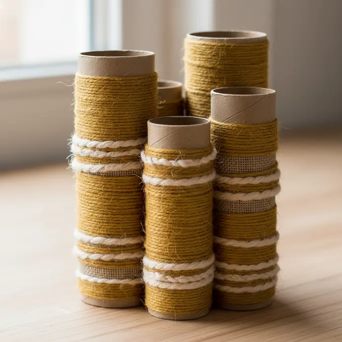 A functional desk organizer made by wrapping yarn or paper around several cardboard tubes.
