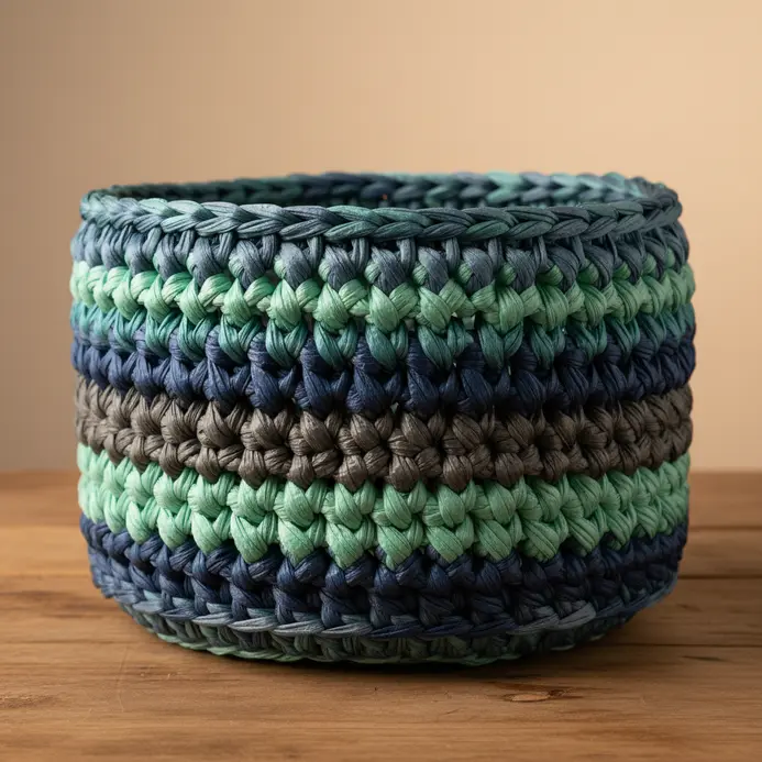 A medium-sized storage basket with a textured surface, crocheted from plarn made from plastic bags.