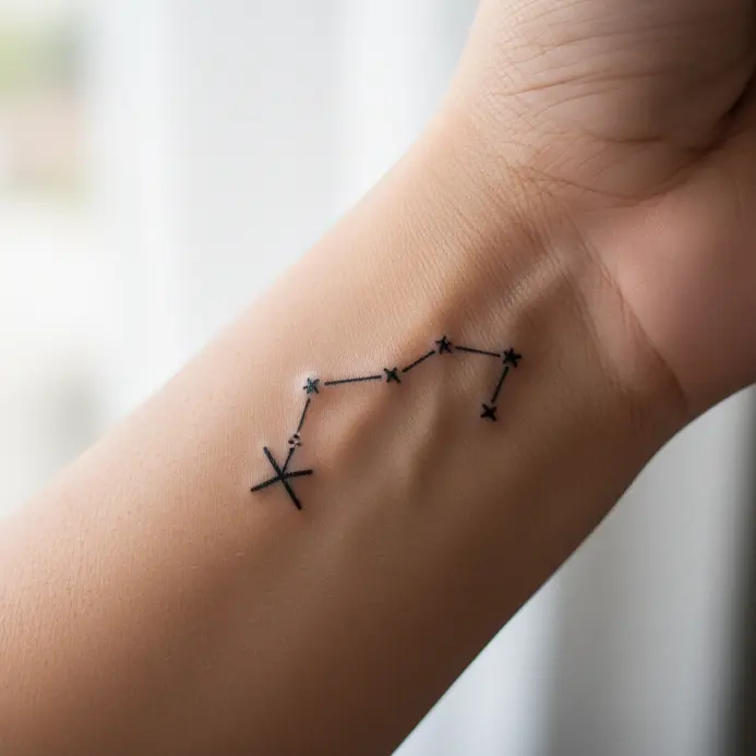 A simple black line drawing of the Sagittarius star pattern on the inner wrist.
