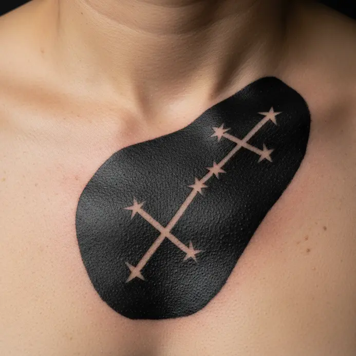 A geometric sternum piece where the Sagittarius constellation is defined by untouched skin within blackwork.