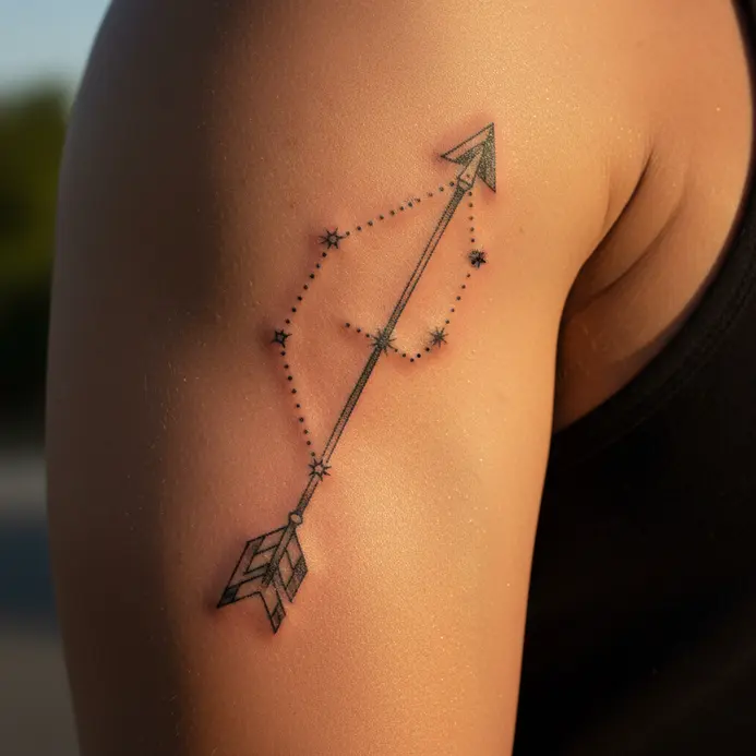 A black arrow tattoo on the inner bicep, with the Sagittarius constellation dots integrated along its shaft.