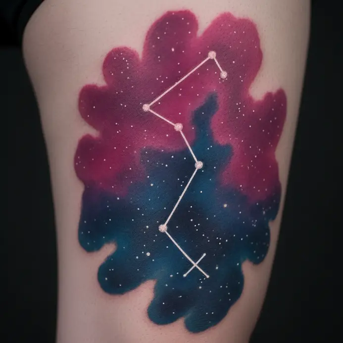 A detailed illustration of the Sagittarius constellation set within a nebula of color on the thigh.