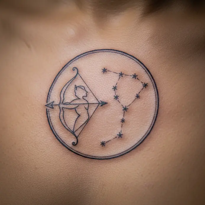 The Sagittarius zodiac glyph intertwined with a fine-line constellation map across the sternum.