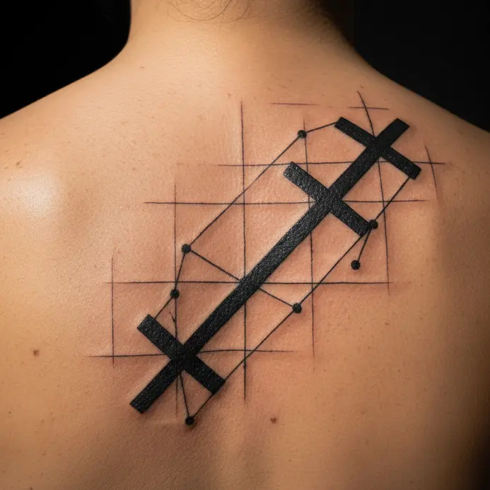 An expansive, intricate map-style tattoo of the Sagittarius constellation with connecting lines across the upper back.
